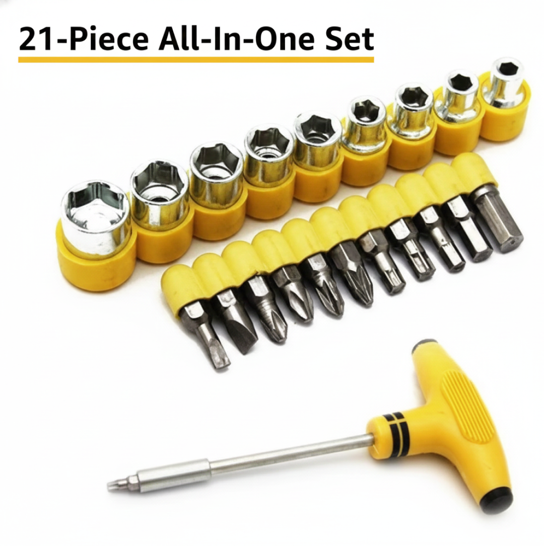 21-piece ratchet socket set with T-handle in its protective storage case.