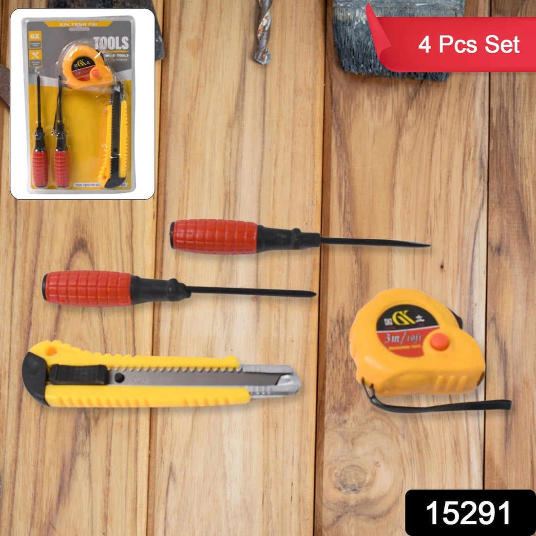 Compact 4 in 1 hand tool kit with tape measure, screwdriver and cutter for home repairs