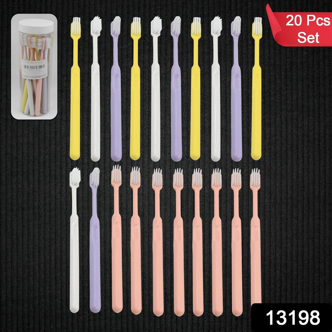 Soft plastic toothbrush set with vibrant colors and a portable round box, perfect for family oral hygiene.