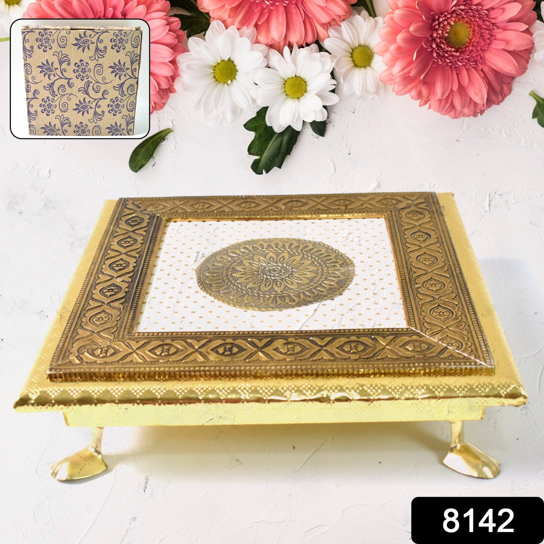 Golden Square Pooja Chowki, front view, perfect for temple rituals.