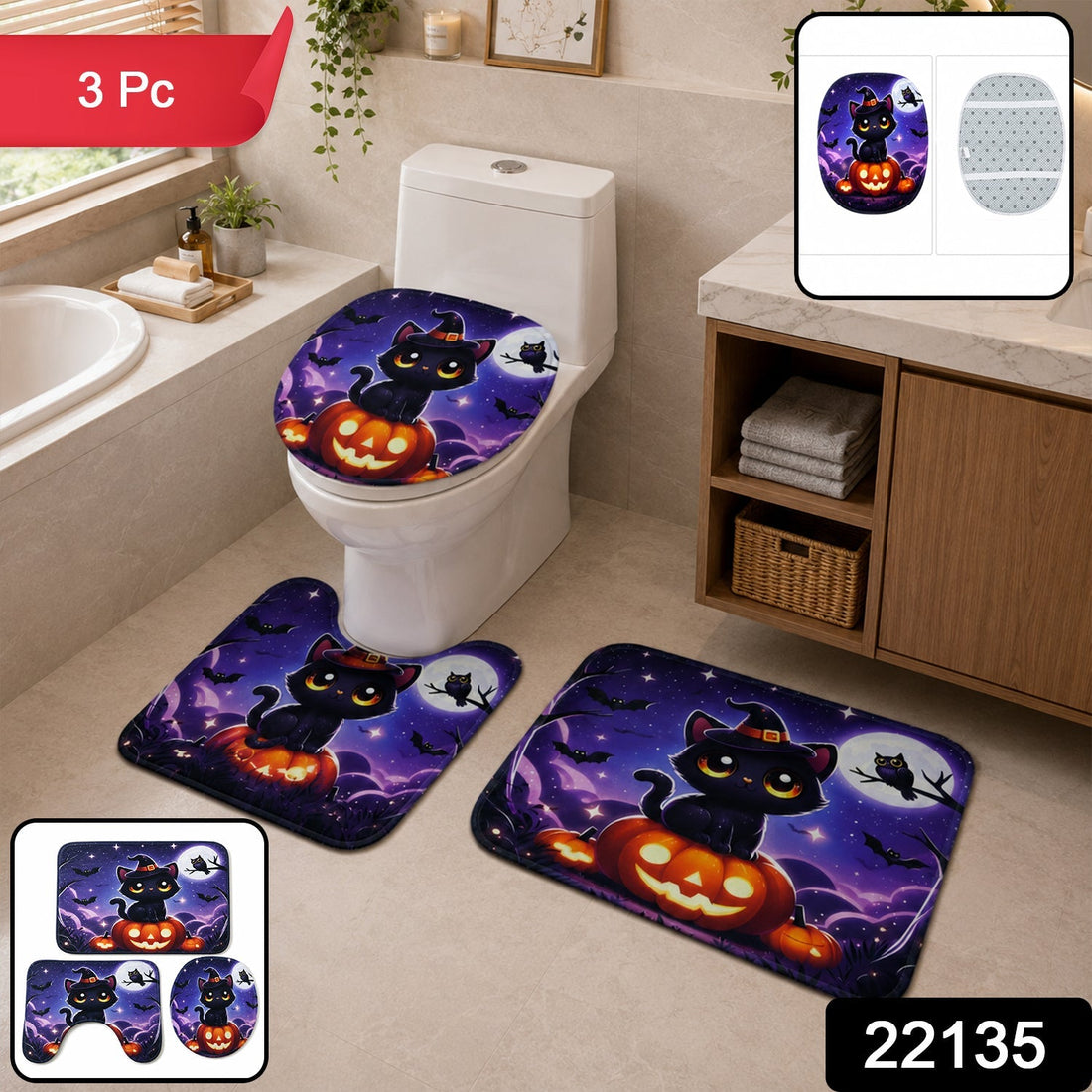 3 in 1 bathroom mat set, including bath rug, contour mat, and toilet lid cover