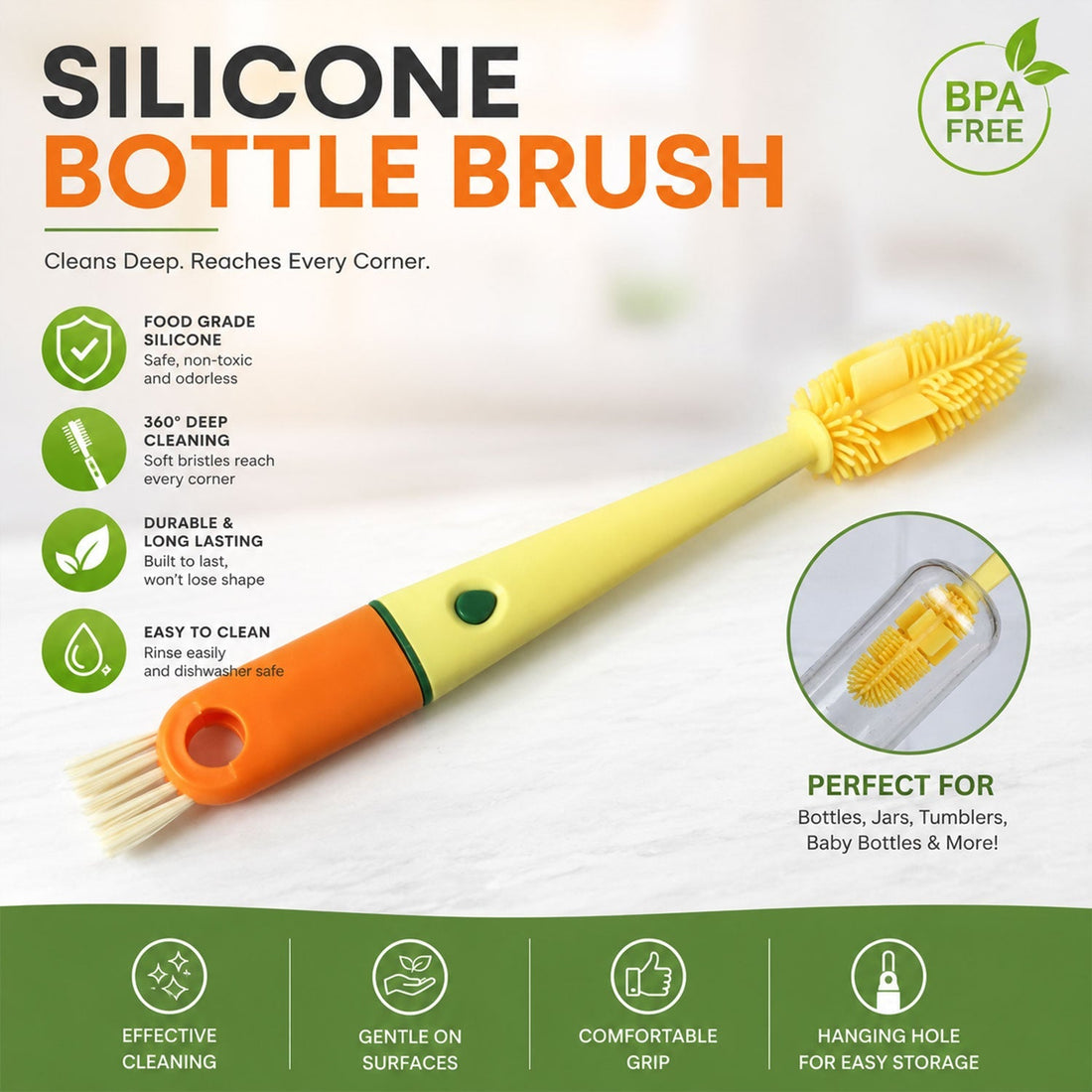 4 in 1 silicone bottle cleaning brush with long ergonomic handle