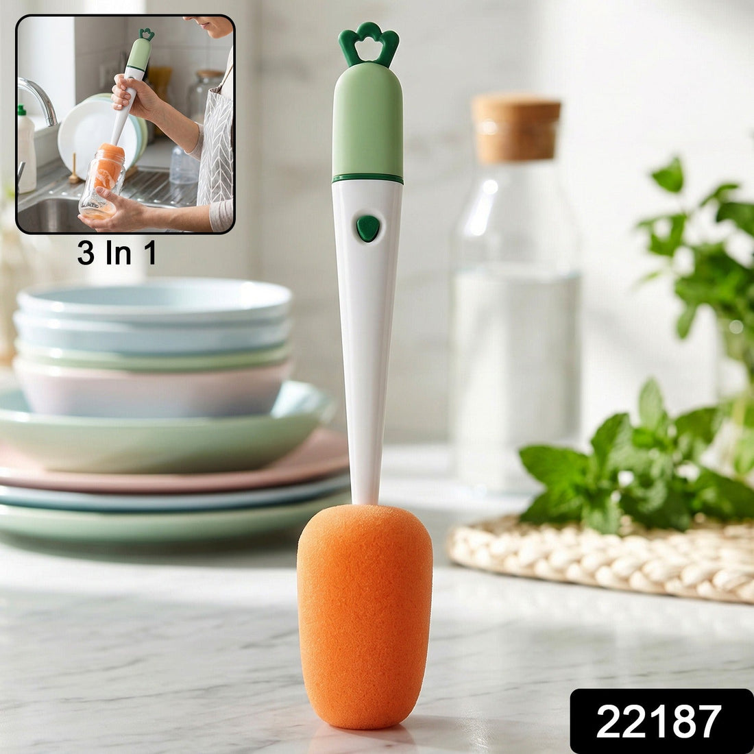 3 in 1 carrot bottle cleaning brush with sponge and crevice tool