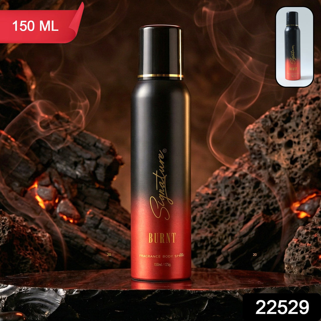 Signature men's burnt fragrance body spray in black and red packaging