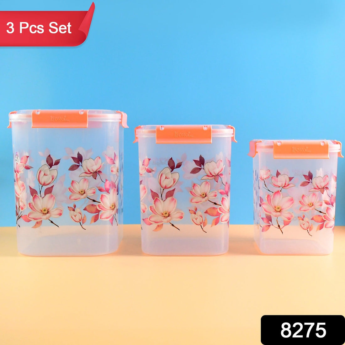 Airtight Food Storage Set with square floral containers in three sizes.