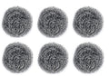 Close-up of a long-lasting round stainless steel scrubber in hand.