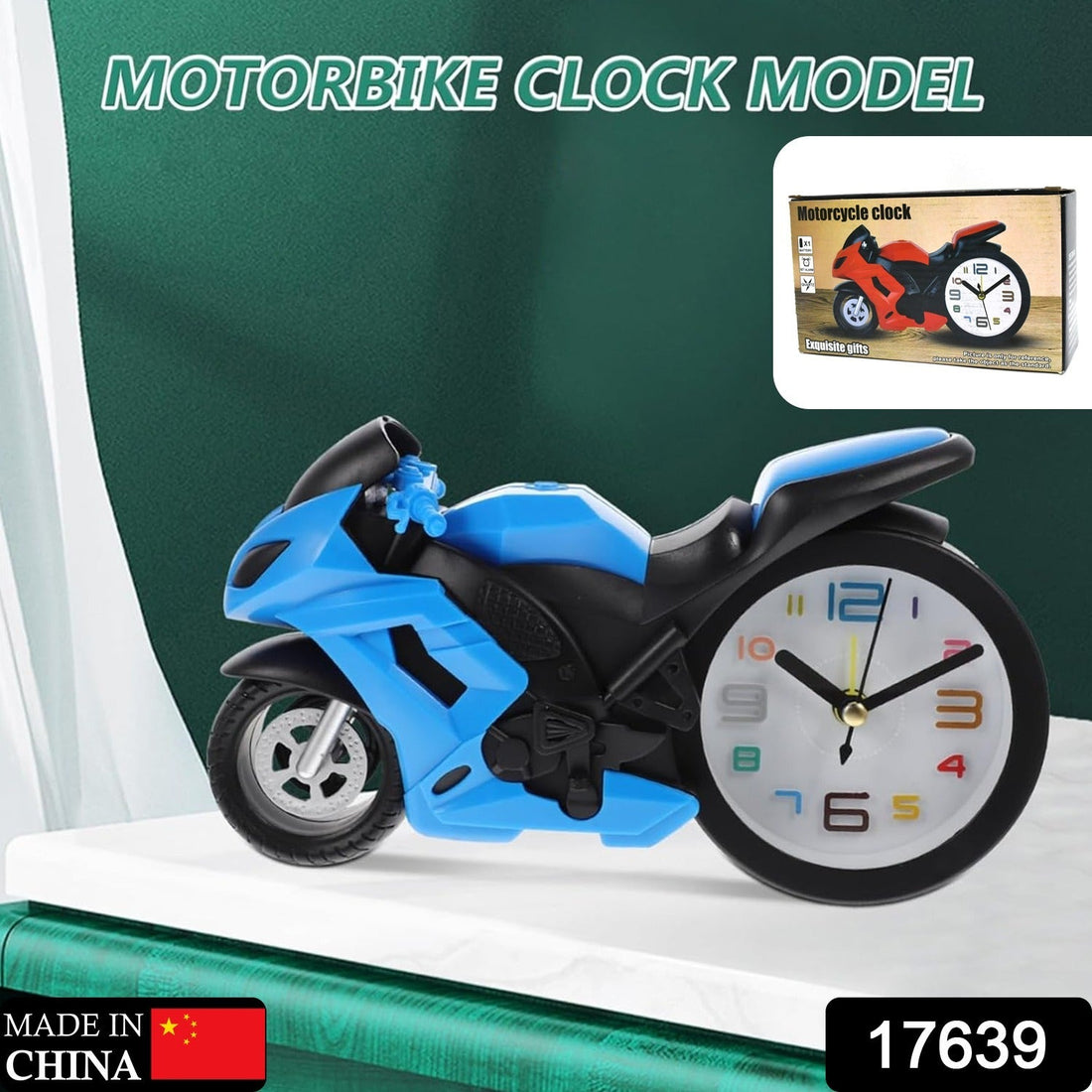 Retro Motorcycle Alarm Clock with a shiny silver finish, viewed from a slight angle on a white surface.