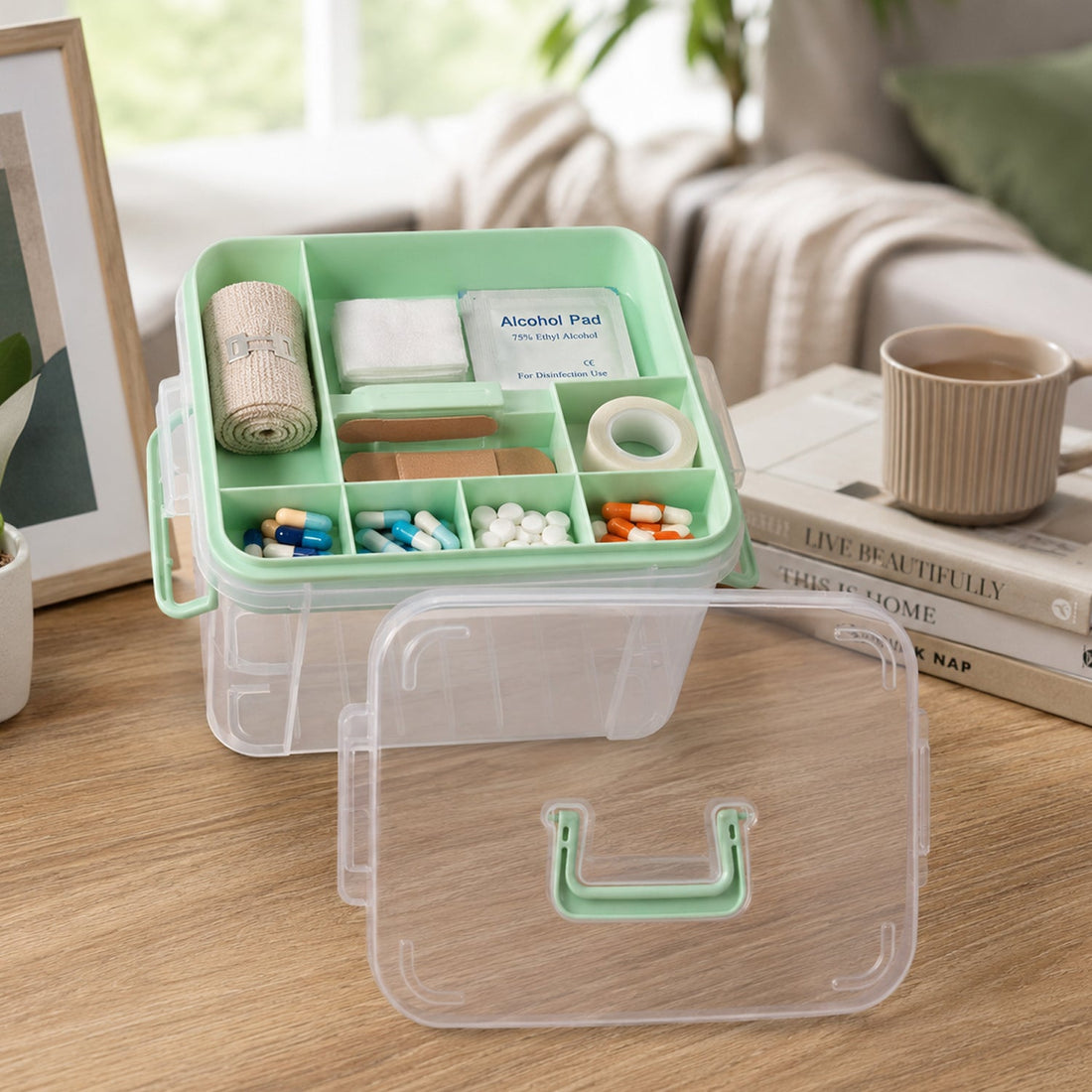 Transparent plastic medicine storage box with handle for easy carrying