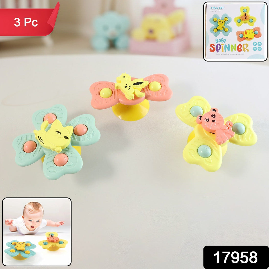 Baby Spinner Toy Set securely attached with suction cup to high chair tray