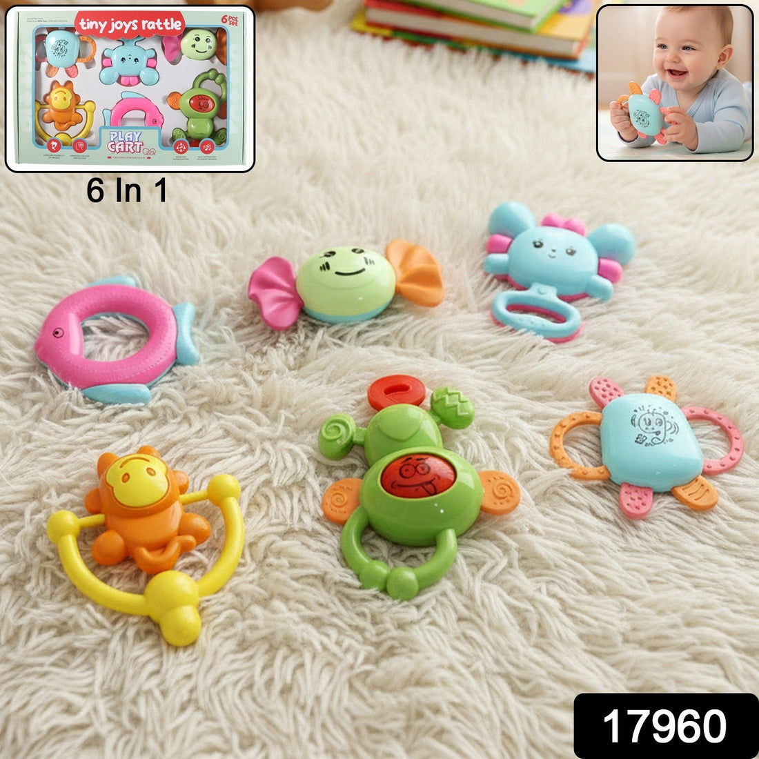 Colorful 6-in-1 baby rattle set designed for sensory development
