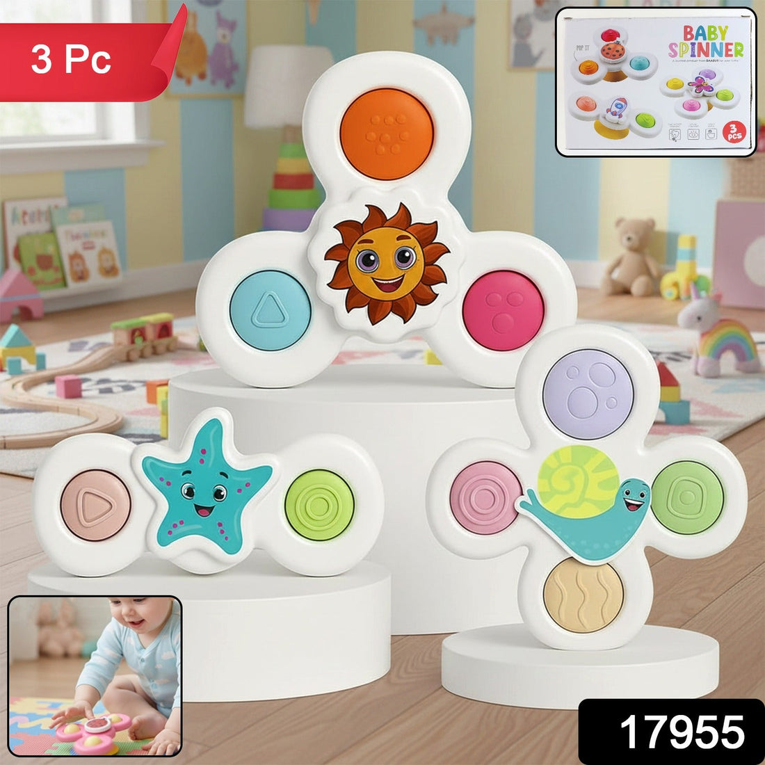 White baby spinner toy set with strong suction bases attached to high chair