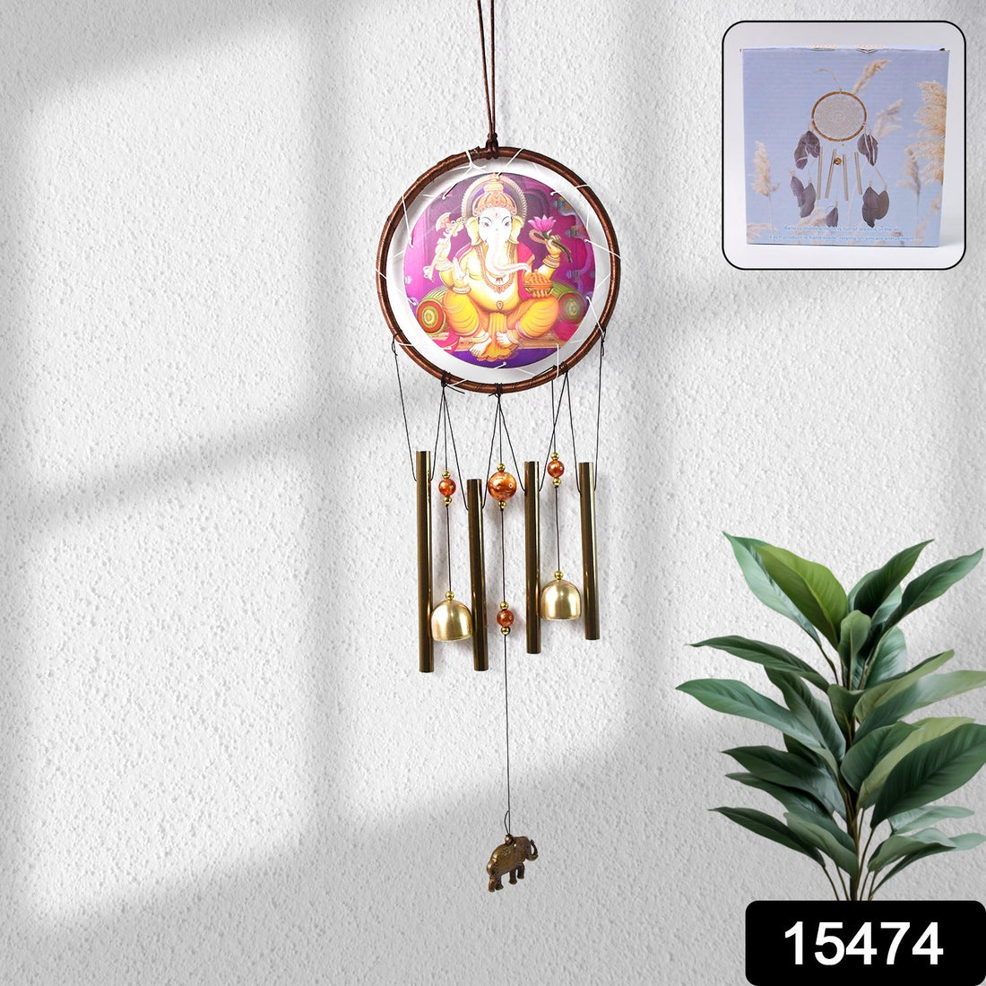 Lord Ganesh Wind Chimes hanging outdoors with vibrant traditional colors