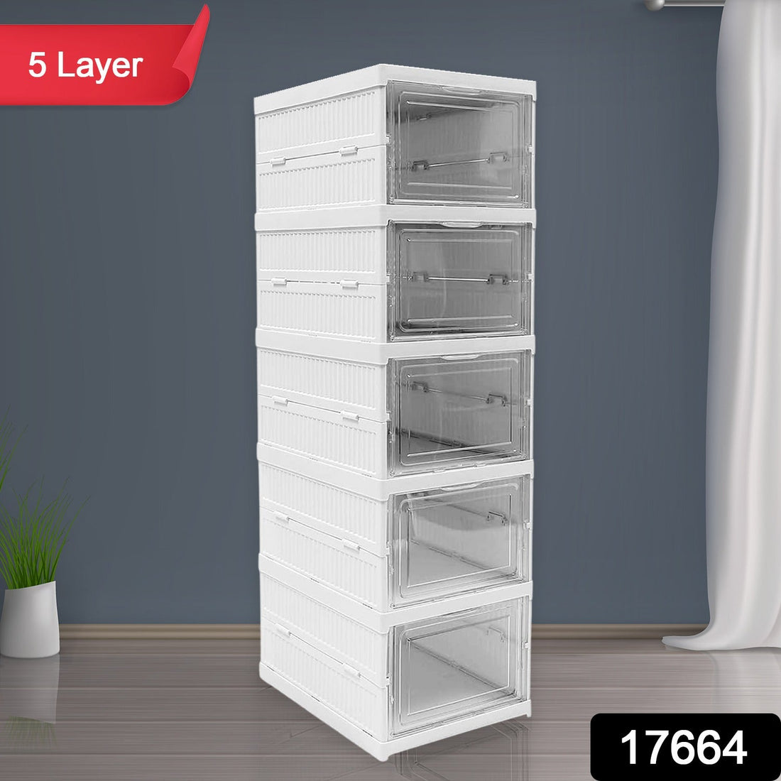 A 5-layer white stackable storage cart on wheels, ready for home organization.