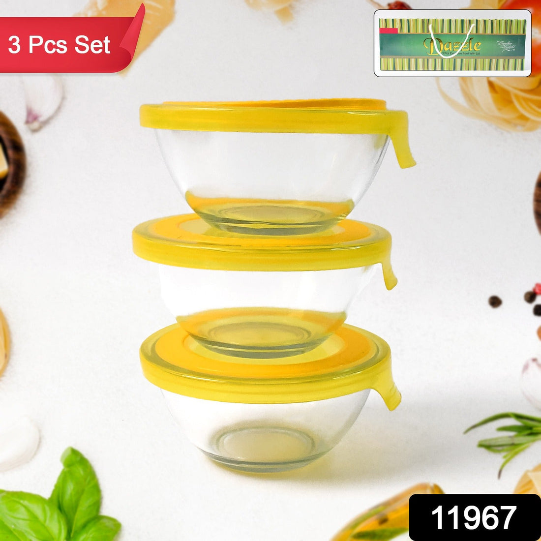 Set of three multipurpose glass bowls with lids ideal for mixing and storage