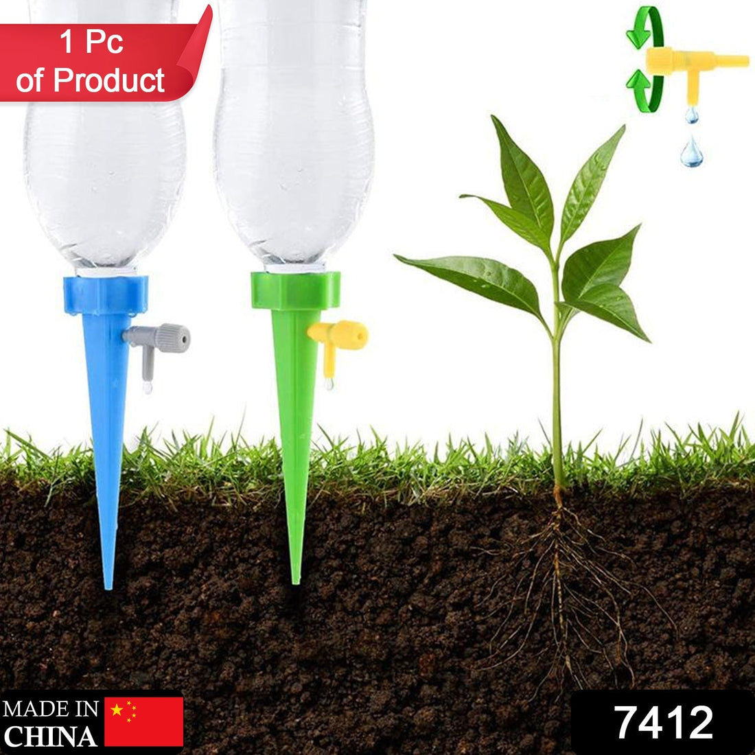 A Tidy Roots self-watering plant spike delivers water directly to plant roots in a pot.