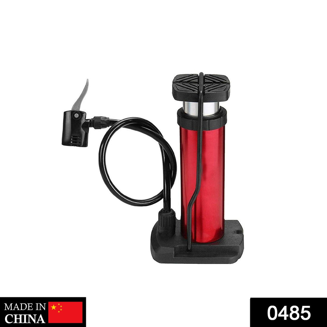 Compact portable foot pump with flexible hose for easy bicycle and car tire inflation.