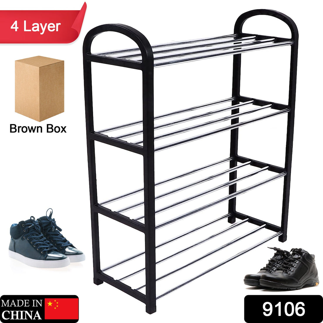 4 Tier Shoe Rack by Indo Glow, showcasing its compact design and sturdy steel frame.