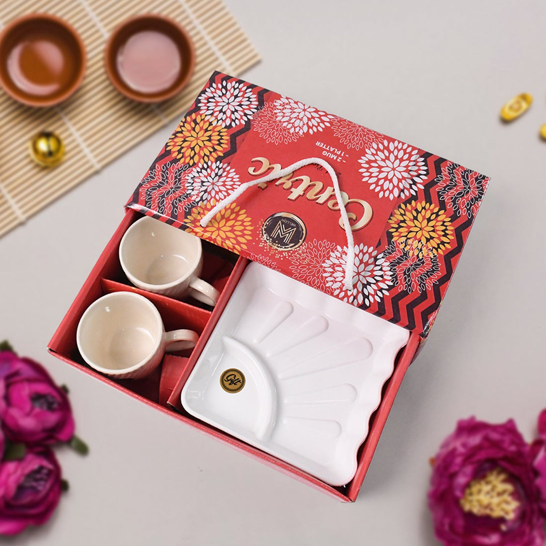 Ceramic tea cups paired with plastic square serving platter for stylish tea serving