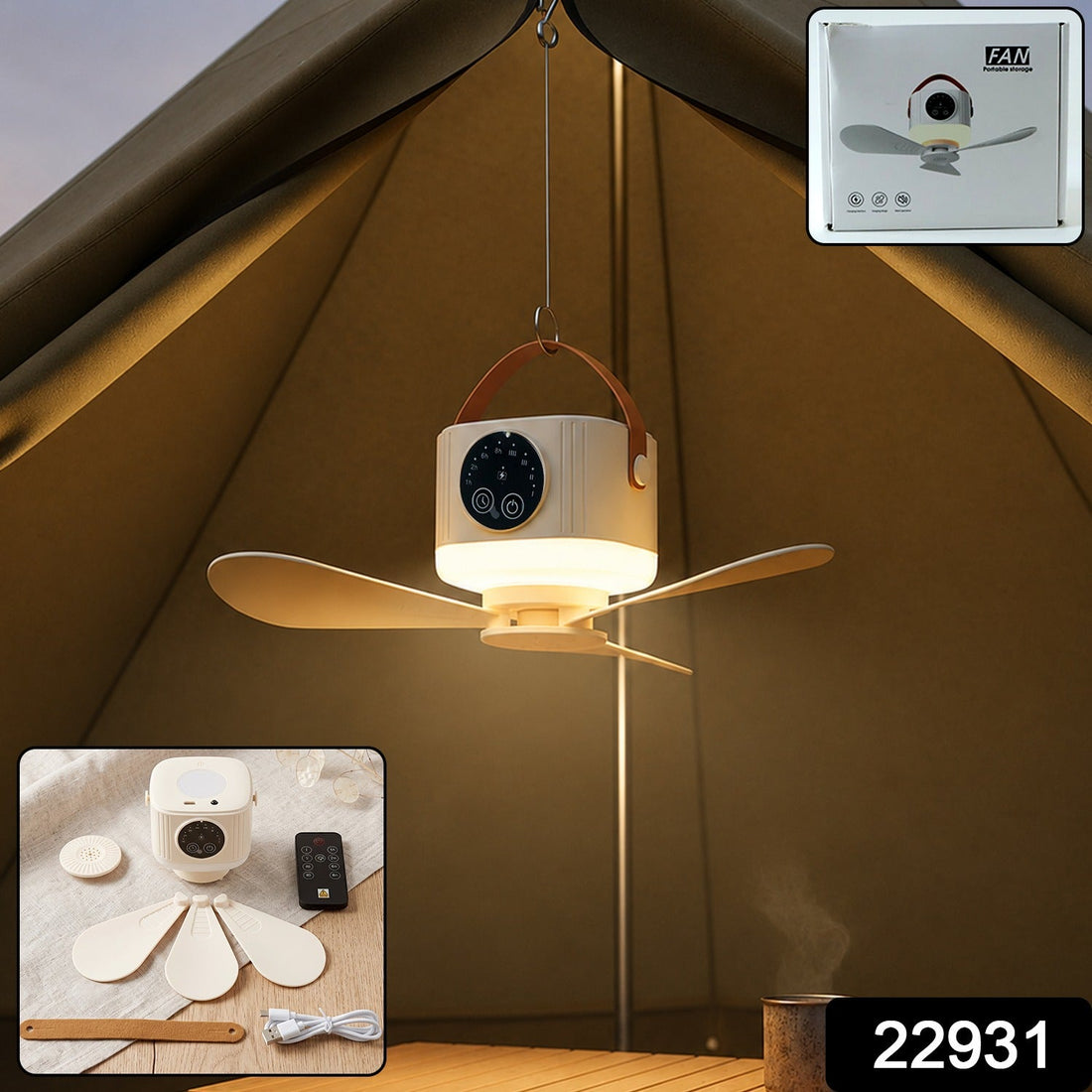3 in 1 rechargeable camping fan with LED light, timer and hanging hook (1 pc)