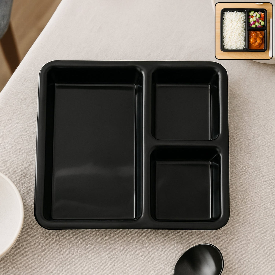 Rectangular 3-compartment meal serving tray for organized dining