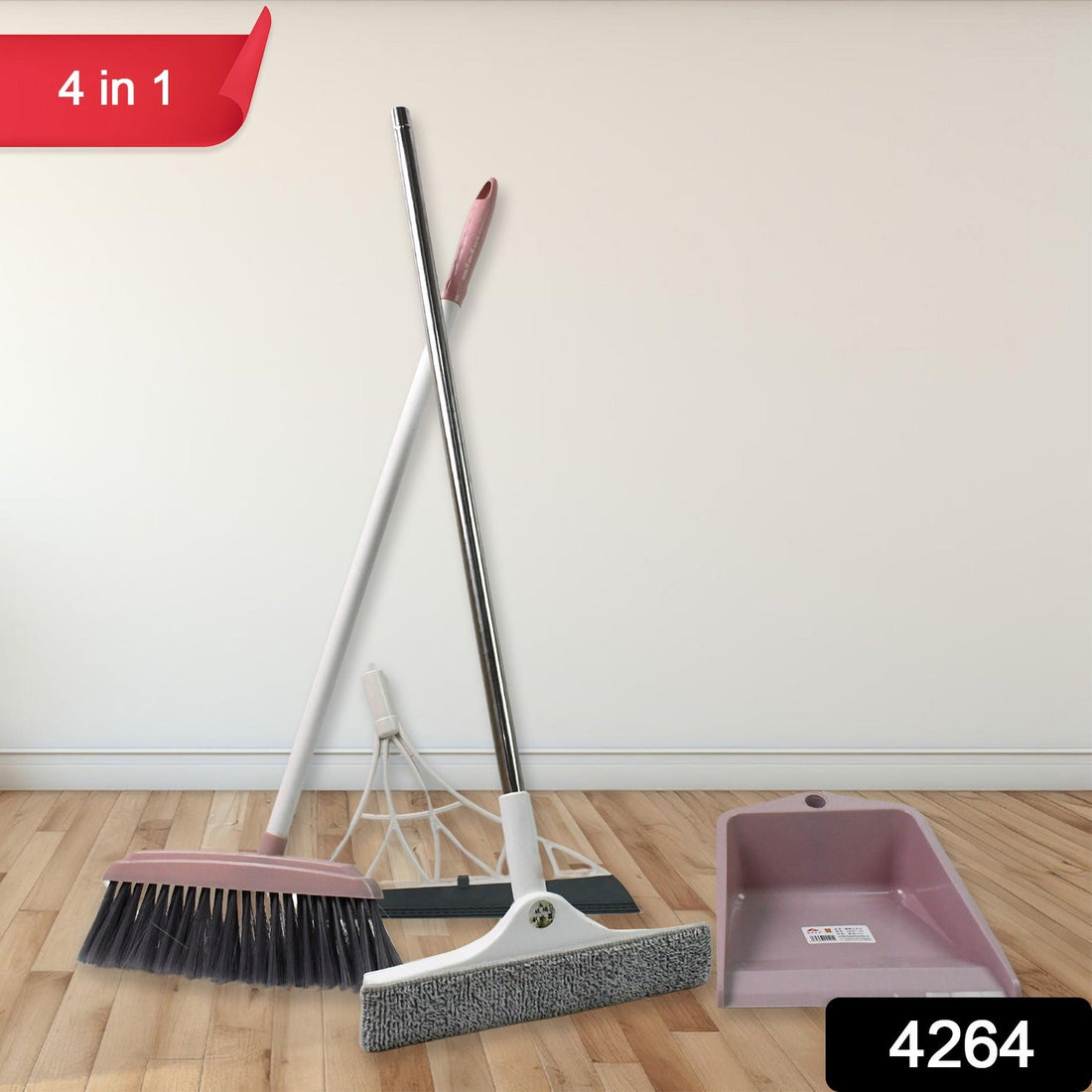 Velvet Wipe 4-in-1 Cleaning Tool Set with broom, dustpan, wiper, and squeegee