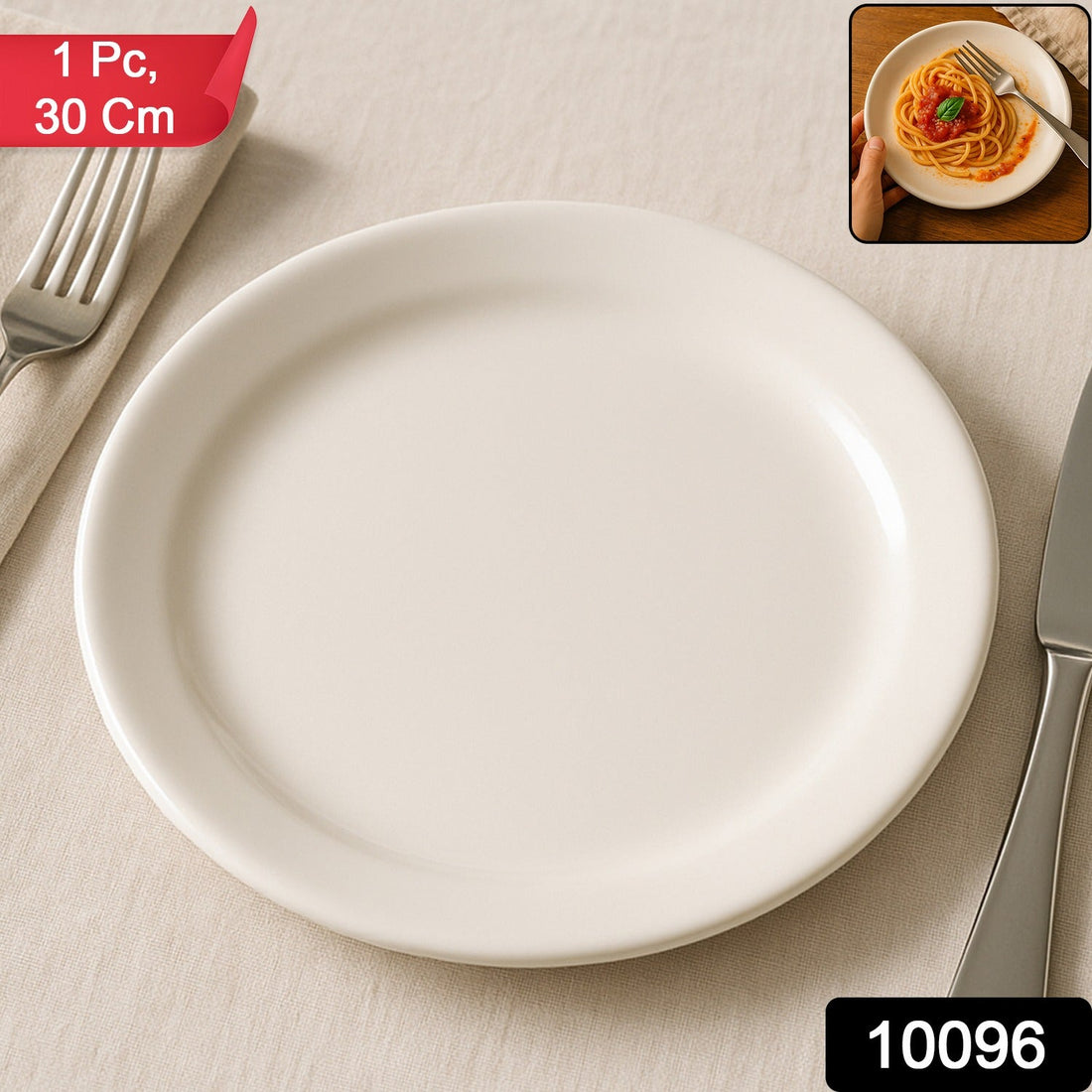 30 cm round dinner plate with glossy white finish on table