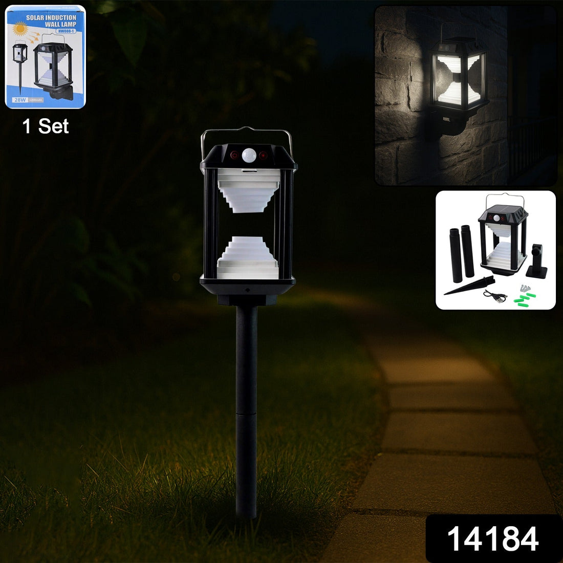 Solar motion sensor LED wall lamp mounted outdoors providing bright light