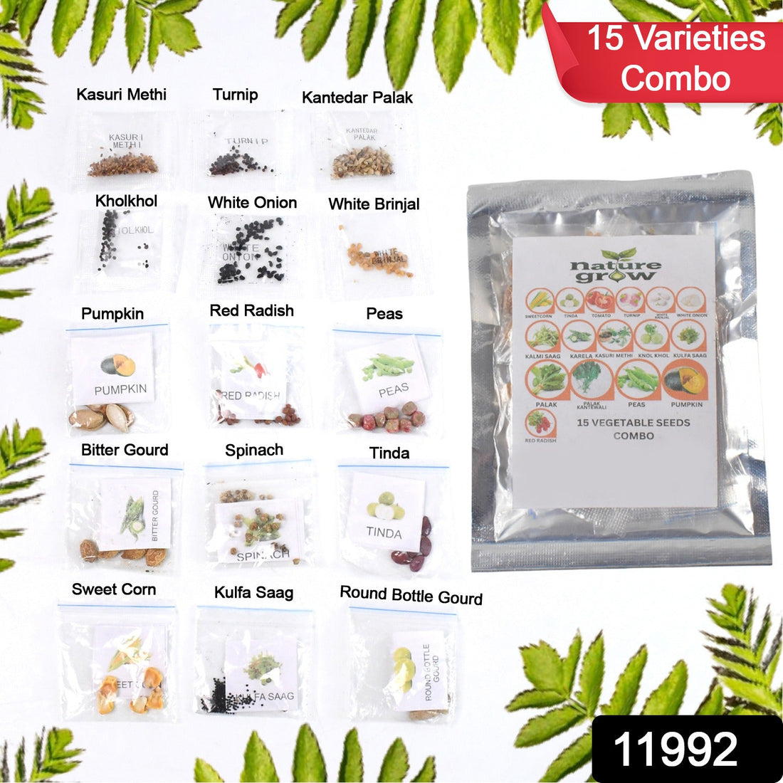 Seed packet showcasing 15 varieties vegetable seeds combo for home gardening
