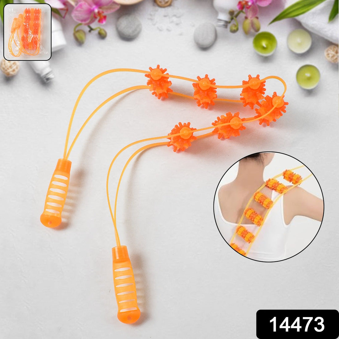 Handheld back massage roller rope on a clean white background