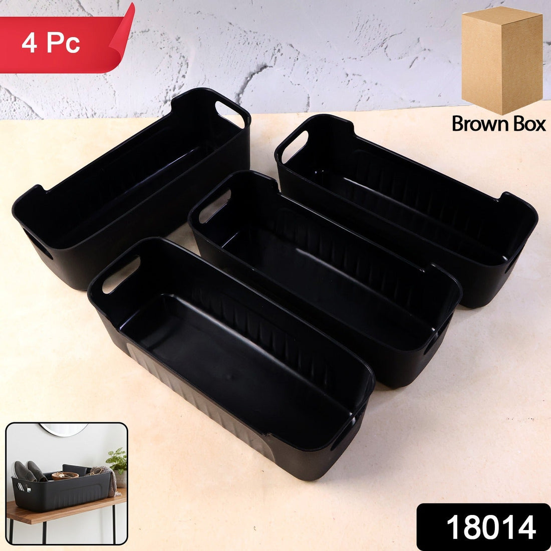 Black plastic storage basket tray set of 4 with stackable design