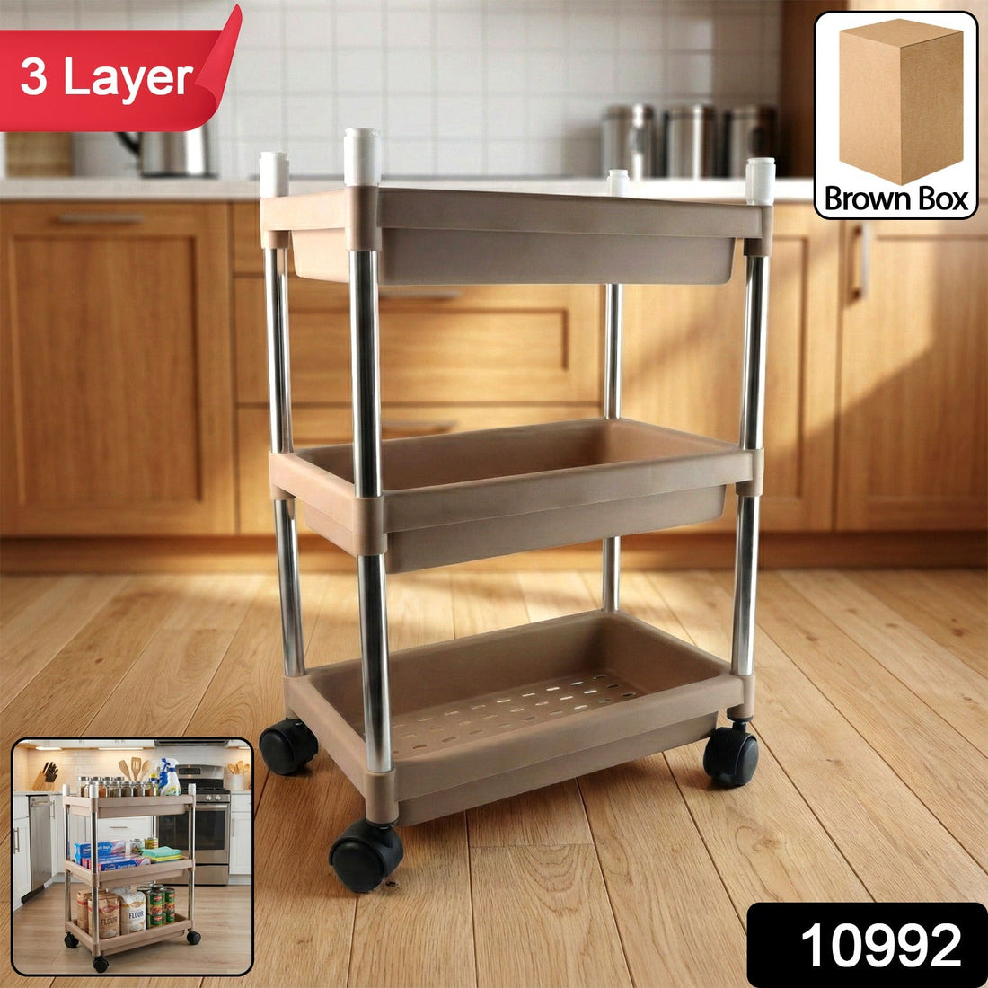 3-layer multipurpose storage trolley with sturdy shelves and wheels