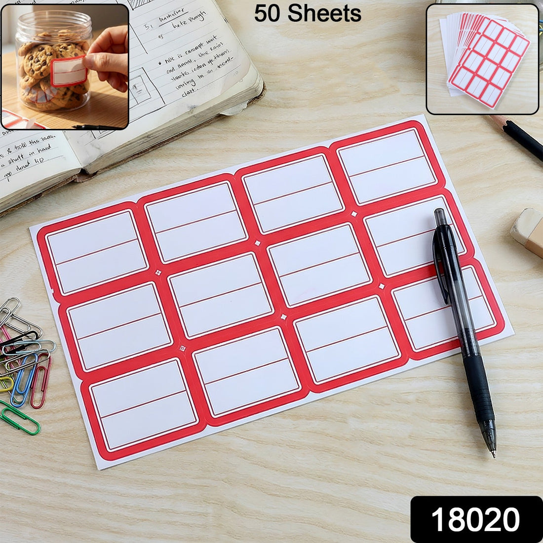 Writable label stickers 50 sheets with strong adhesive and white labels red borders