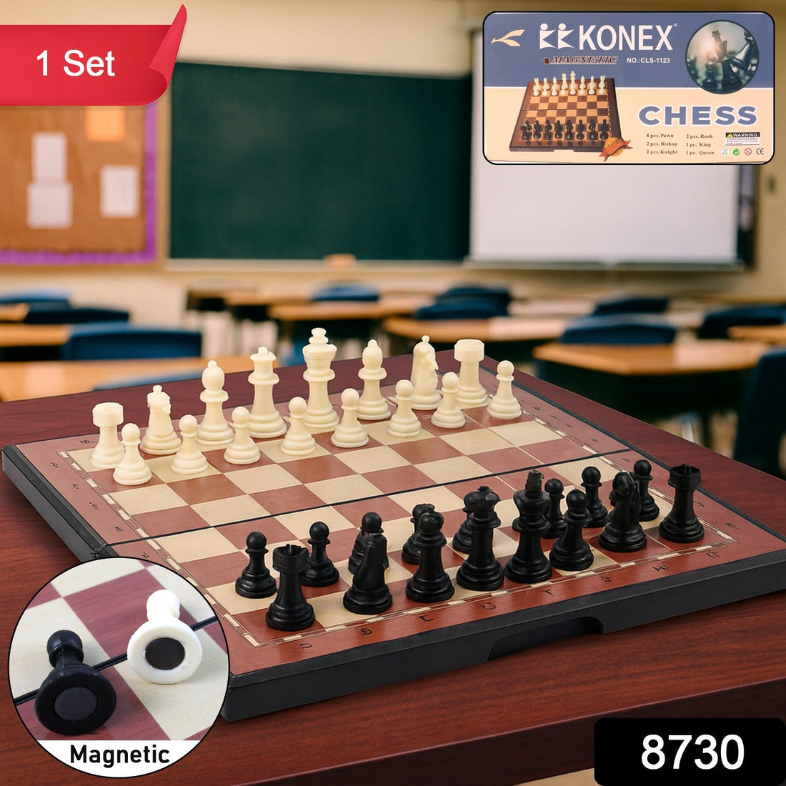 Portable chess set showing plastic chess pieces on vinyl board