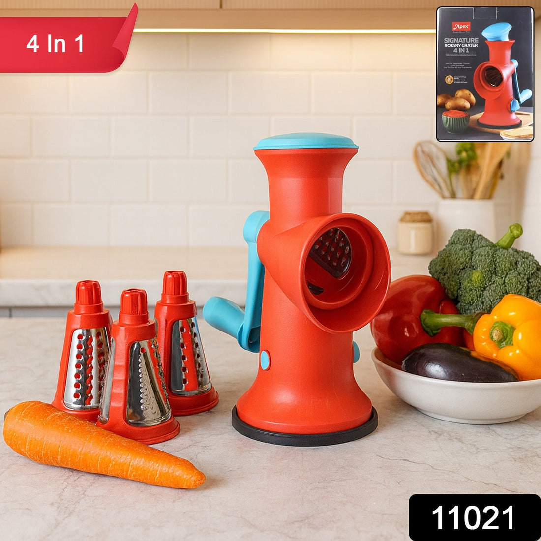 Manual rotary grater with 4 interchangeable blades on kitchen counter