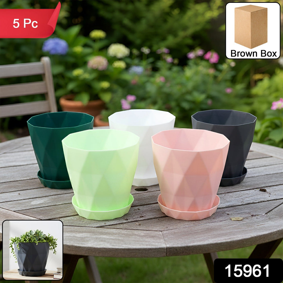 Set of diamond design plastic flower pots with drain trays for indoor gardening