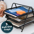 Metal rack with three tiers for paper organization
