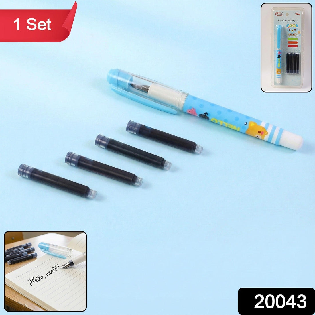 Cute cartoon liquid ink pen set with refillable cartridges