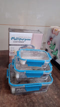 Vertical view of multipurpose plastic food storage containers set with lids