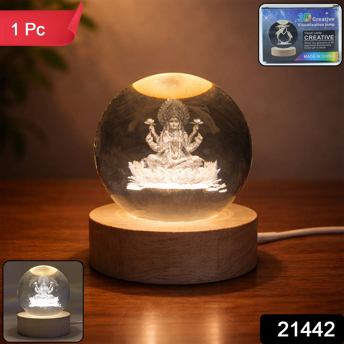 3D crystal Lakshmi ball LED night lamp with wooden base on table