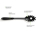 Studio shot of a black heat-resistant pasta server, highlighting its durable nylon construction.