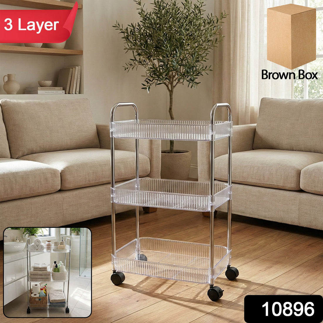 3-layer multipurpose storage trolley with open basket shelves and wheels for easy movement