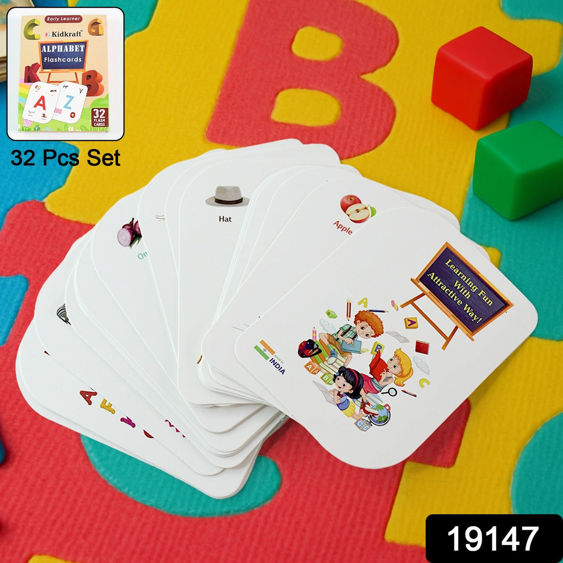 Alphabet flash cards set with colorful images for early learning