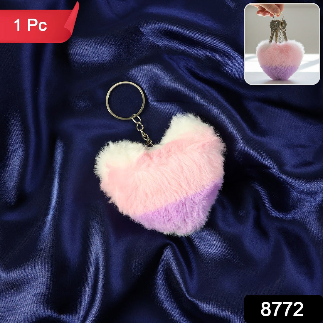 Pink and purple plush heart keychain with durable metal ring