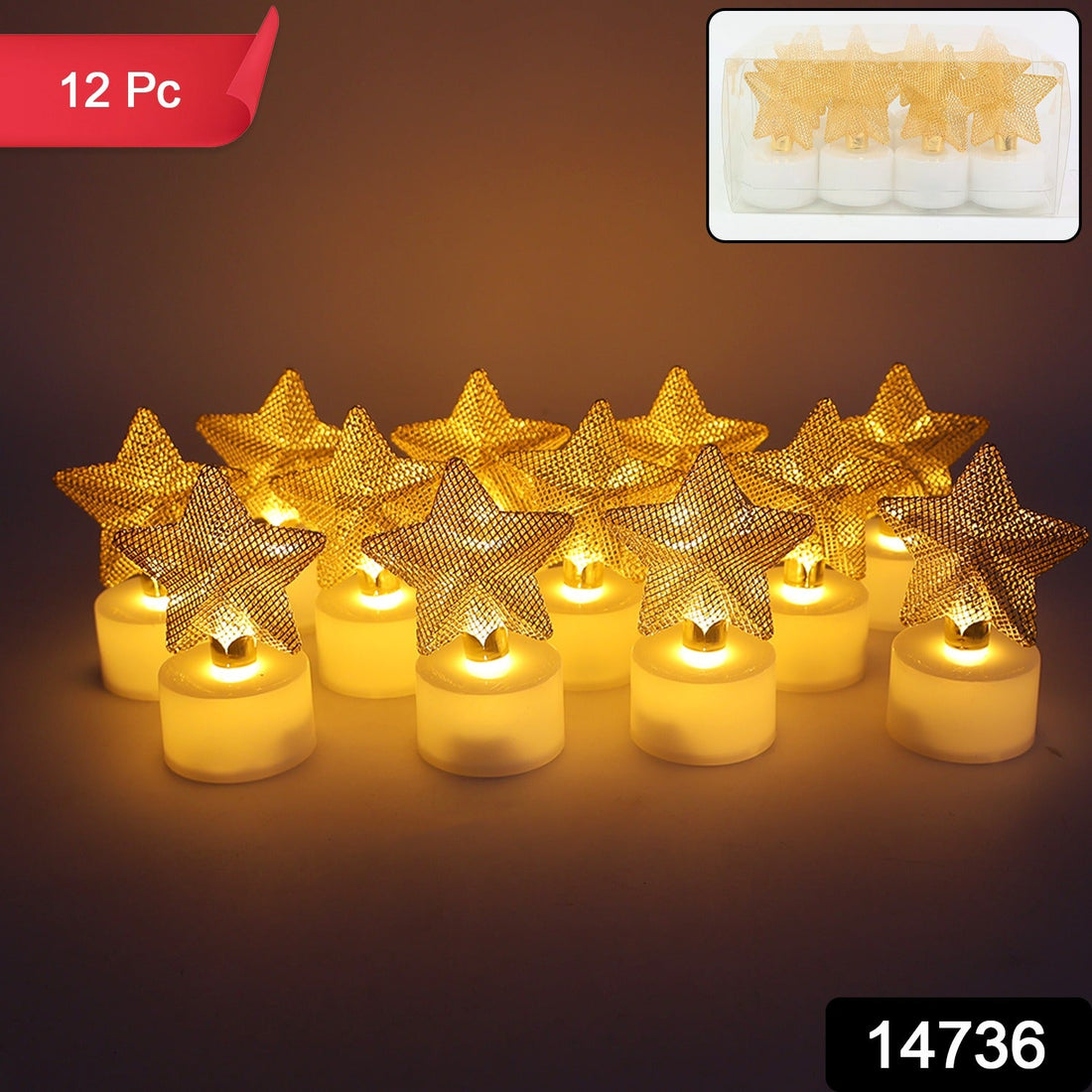 Set of 12 decorative LED star candles with golden star topper glows warmly