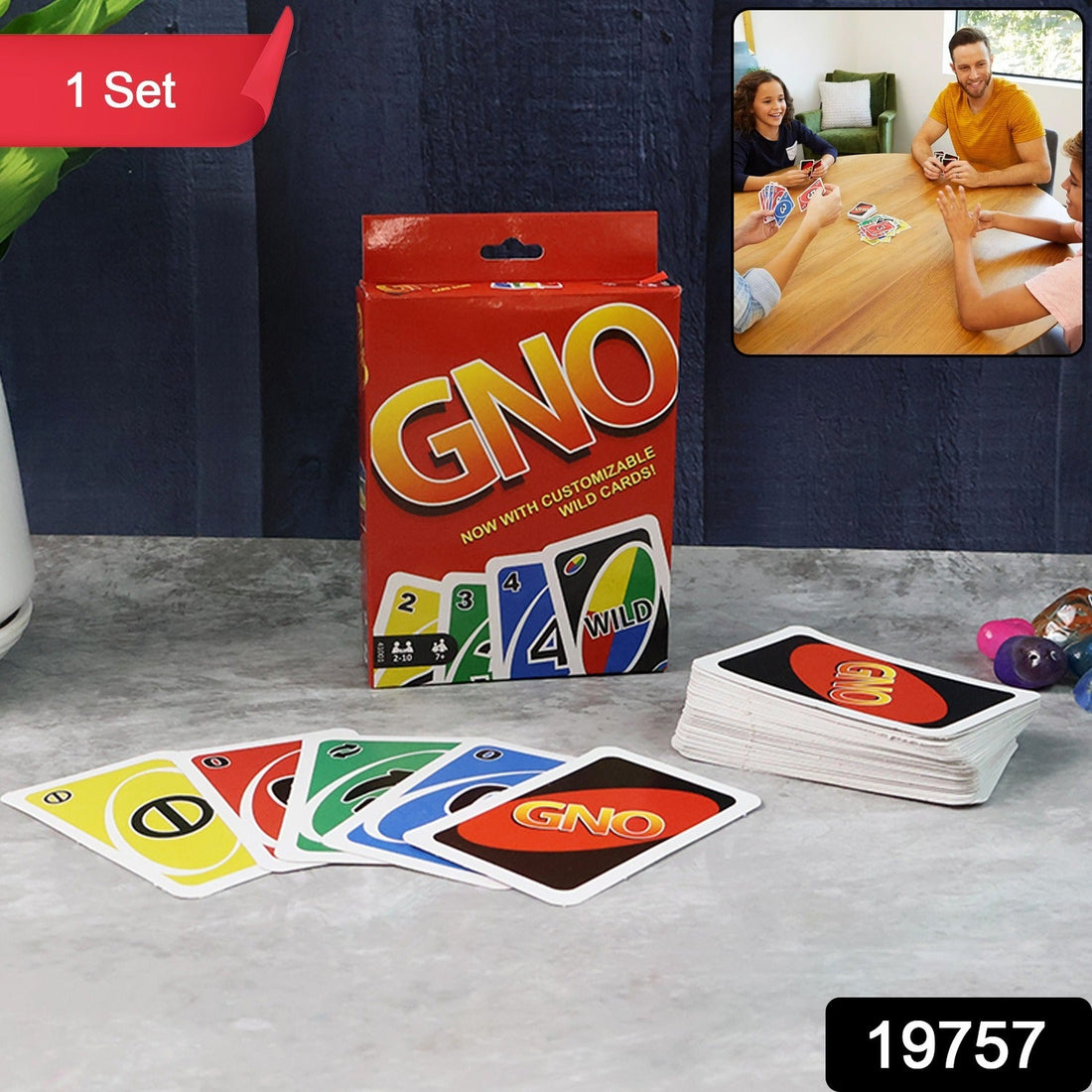 GNO card game deck featuring colorful family-friendly cards