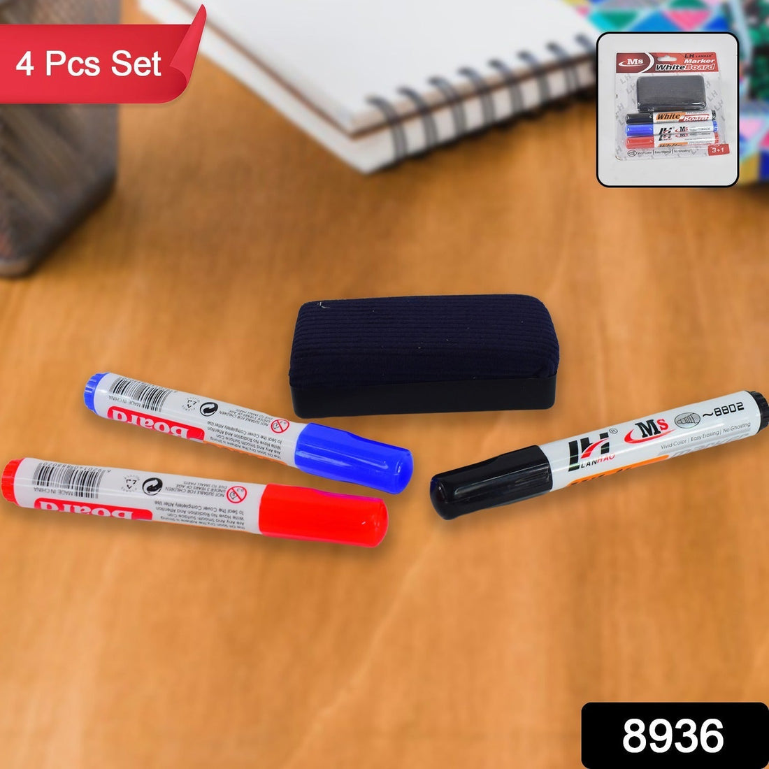 Whiteboard marker set featuring blue, black, red markers and board duster