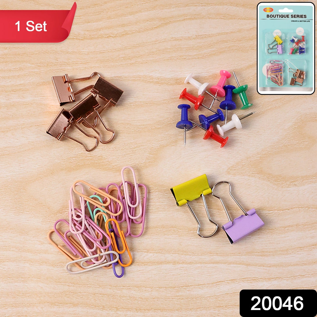 Office clips and pins set showing paper clips, binder clips, and push pins in bright colours