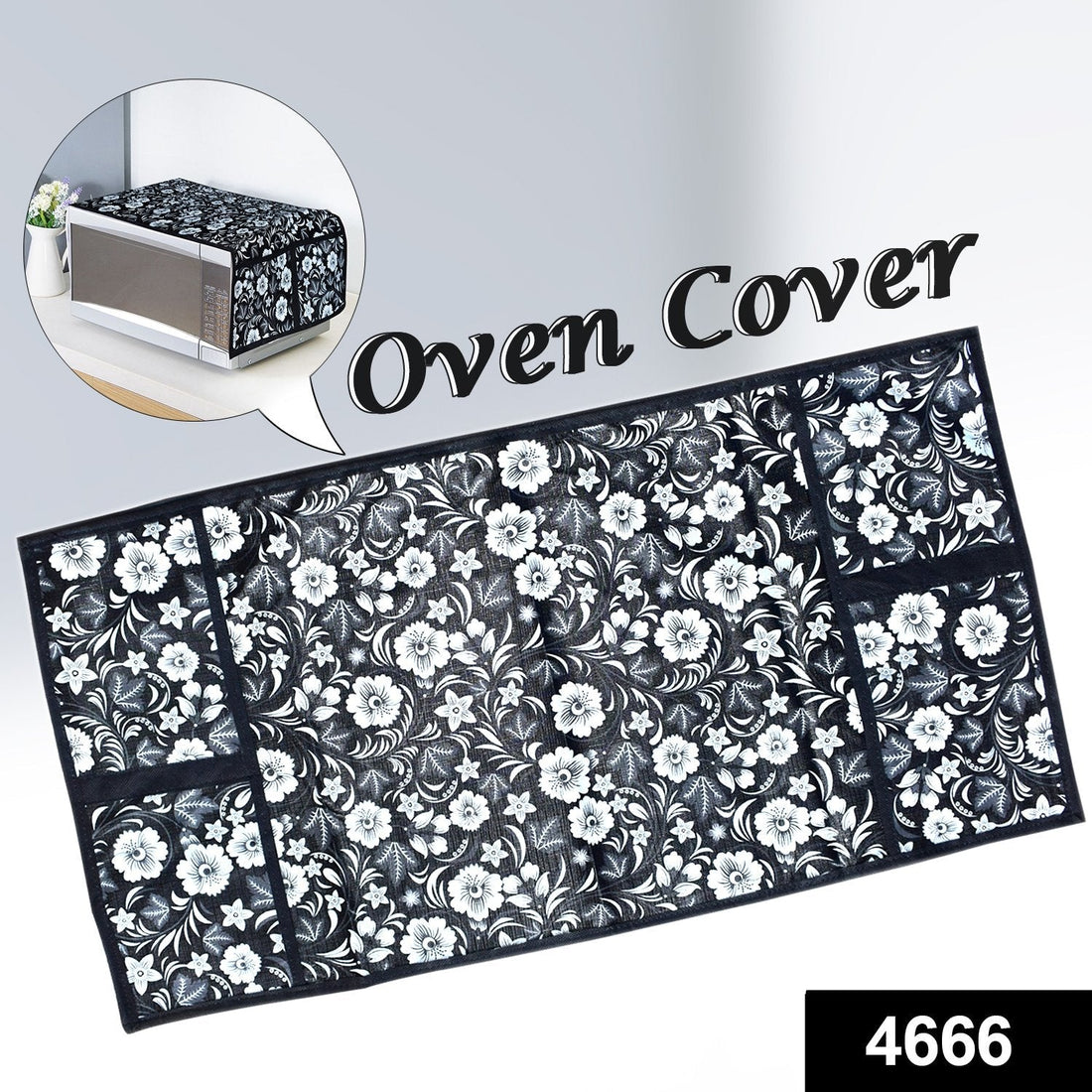 Stylish microwave oven cover with utility pockets in a modern kitchen setting.