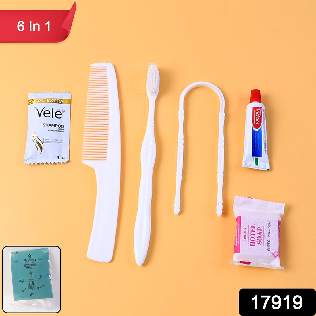 Hotel guest toiletry kit with toothbrush, soap and shampoo sachet