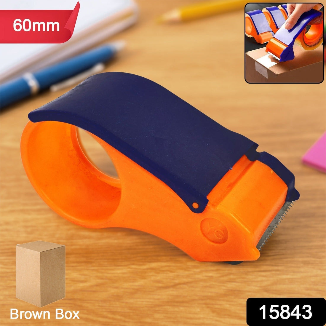 60mm hand tape dispenser in multi-color, ready for efficient packaging and box sealing.